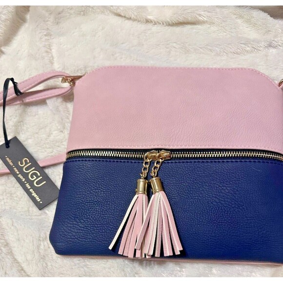 SUGU Lightweight Medium Dome Crossbody Bag Shoulder Bag with Tassel Blush Navy - Picture 1 of 10